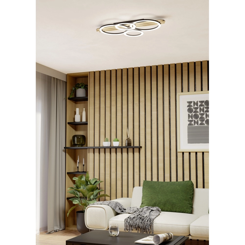 Moderne Deckenlampe Cembrano Schwarz mit Holz 73 cm Eglo 9008606388172