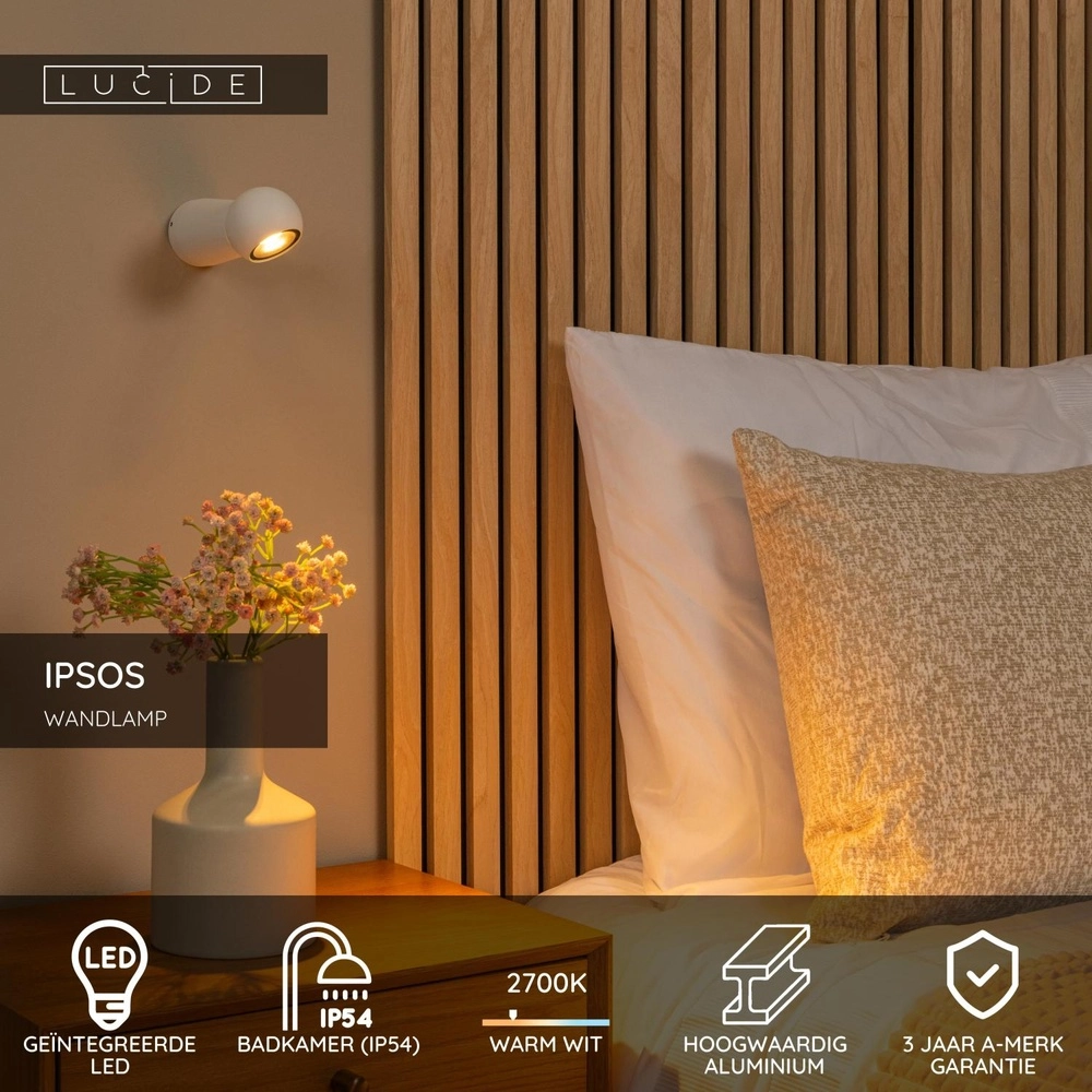 Wandlampe im Badezimmer Ipsos weißes IP54 Lucide 5411212334015