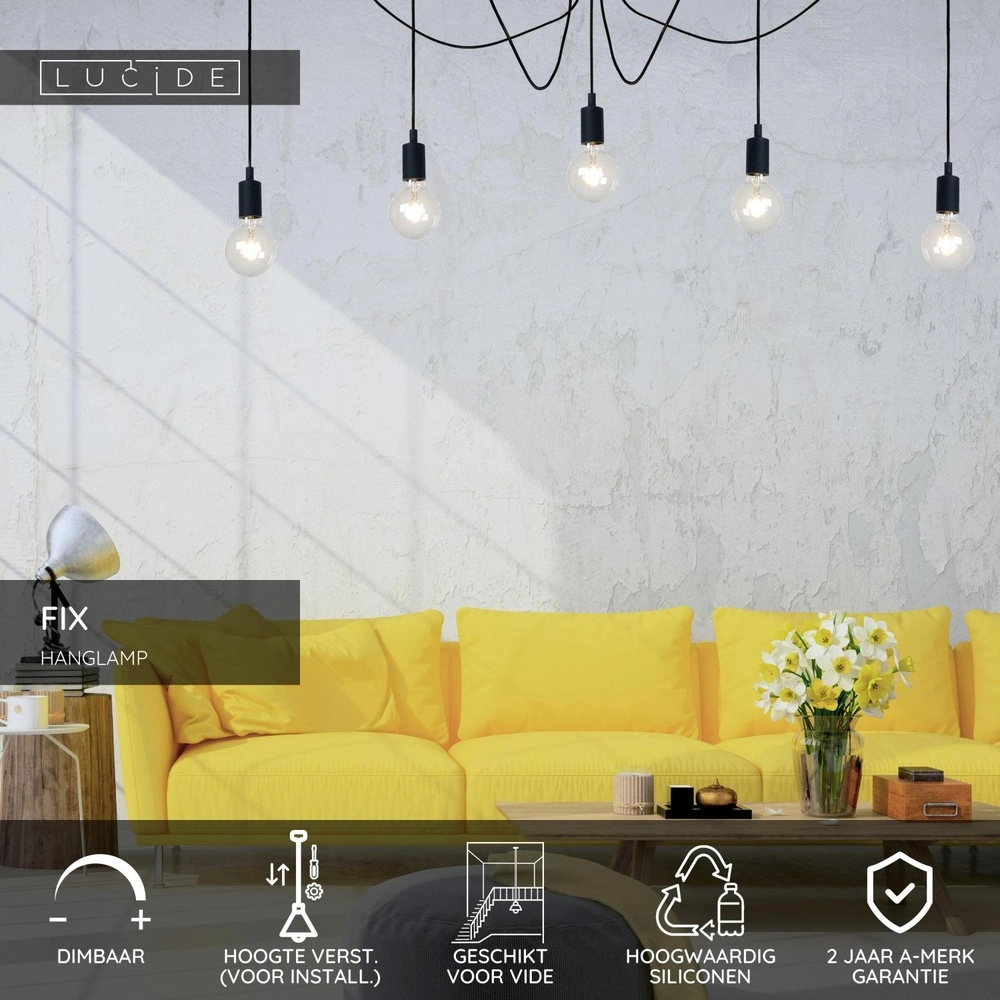 5-Licht Pendellampe schwarz Fix Geeignet für das Loft Lucide 5411212082701
