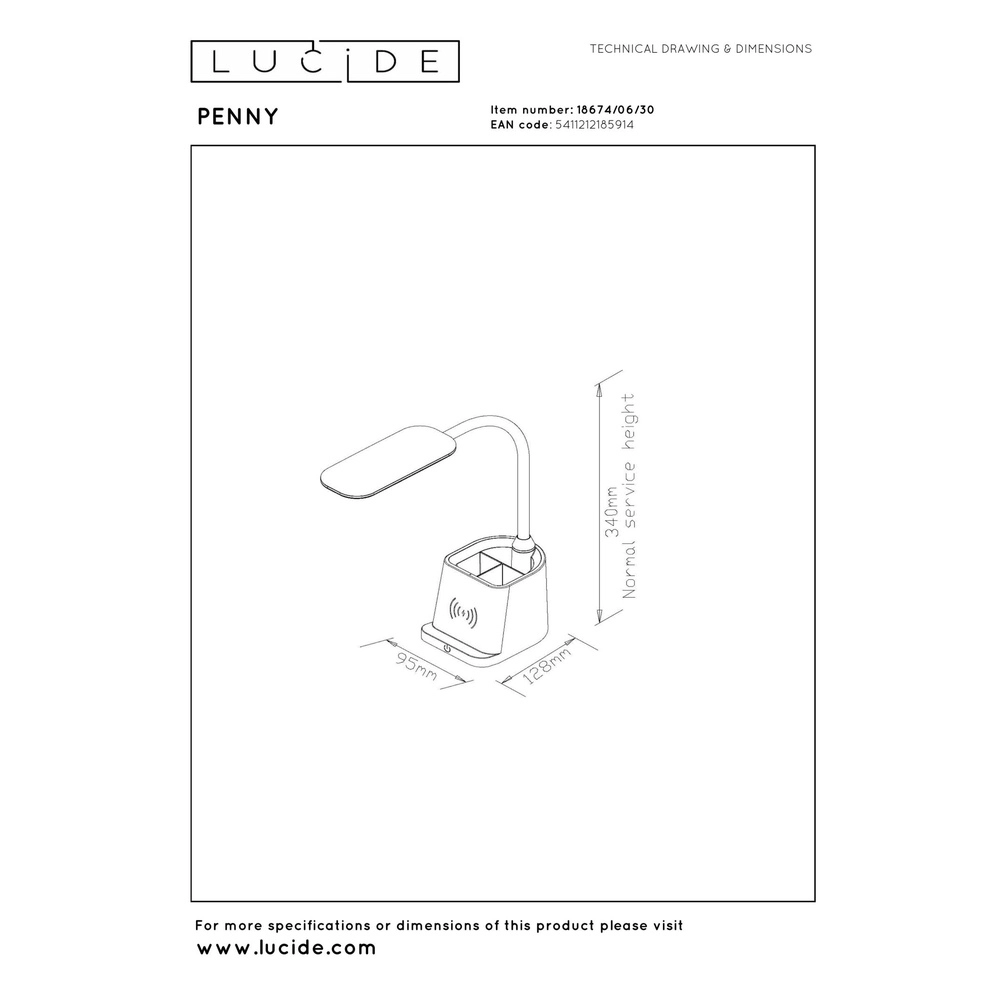 Schreibtischlampe Penny Mit drahtlosem Ladepanel schwarz Lucide 5411212185914
