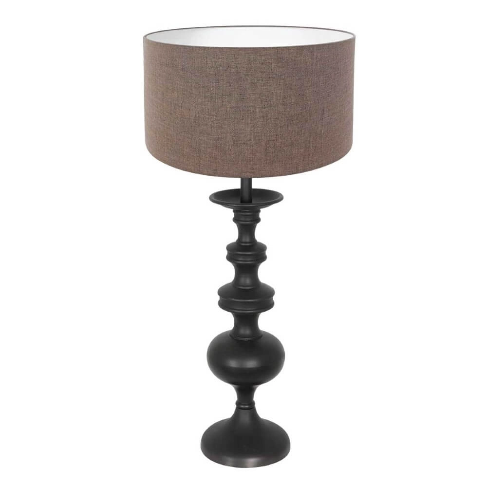 Klassische Tischlampe Lyons C mit taupefarbenem Leinenschirm