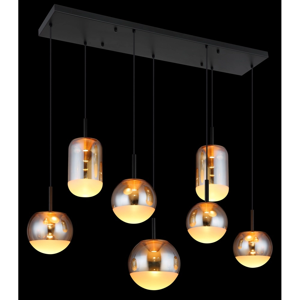 Design-Pendellampe Severin 7-Licht Schwarz mit bernsteinfarbenem Glas Globo 9007371540945