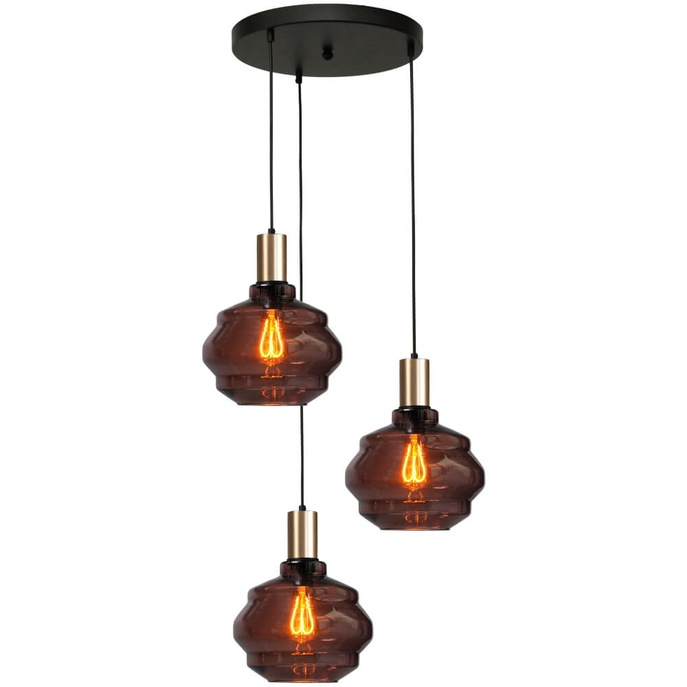 3-flammige Loft-Hängelampe - Gold - Porto mit kugelroten Gläsern - Ø 24cm