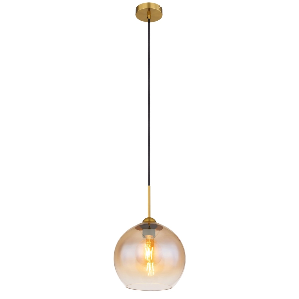 Goldene Pendellampe Jamessa nur mit bernsteinfarbenem Glas