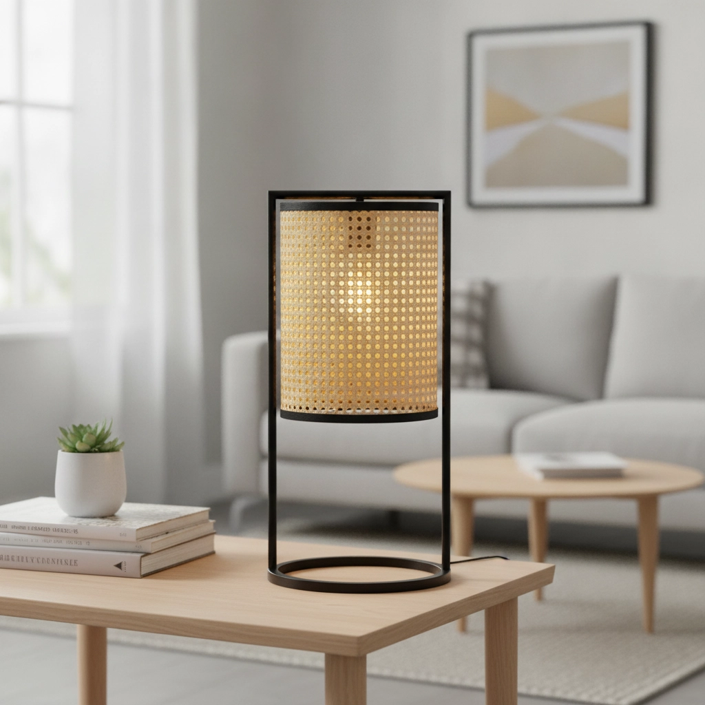Tischlampe Erto Schwarz und Rattan