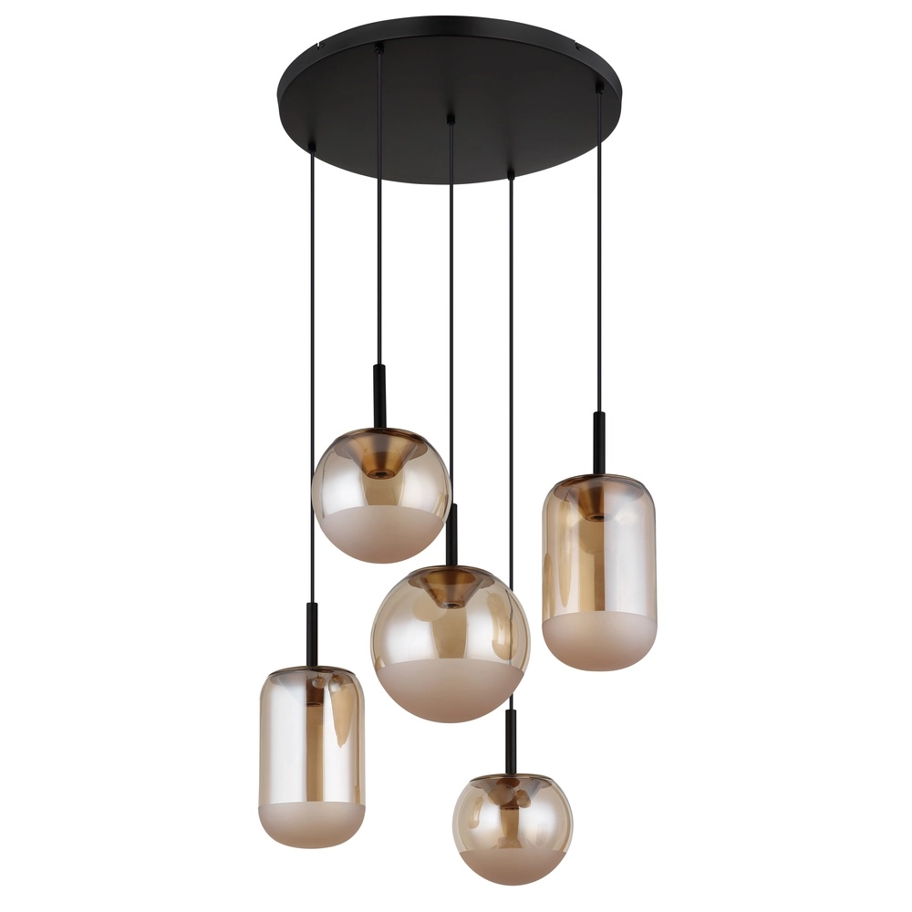 Design-Pendellampe Severin 5-Licht Schwarz mit bernsteinfarbenem Glas Globo 9007371537945