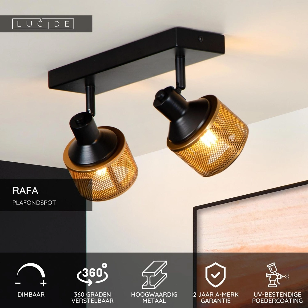 Deckenlampe Rafa 2-hell schwarz mit Kupfer Lucide 5411212771292