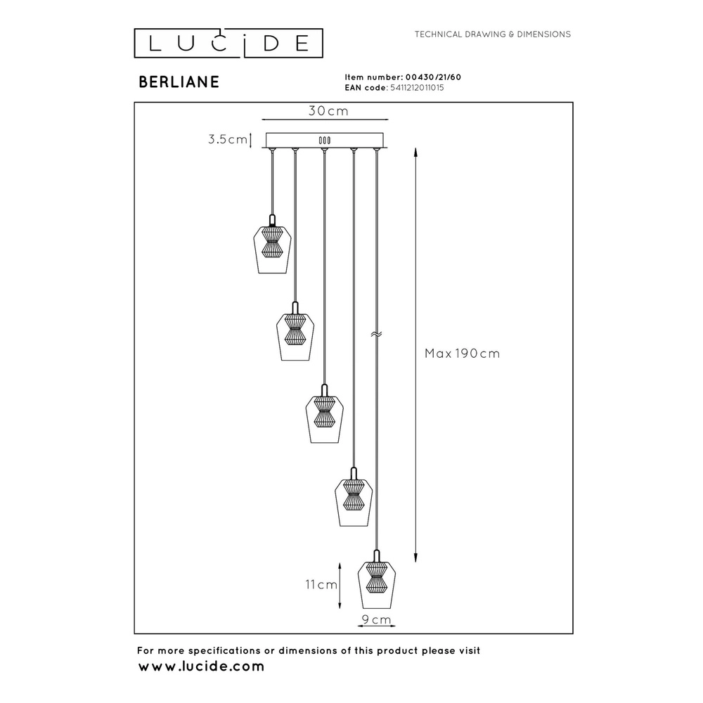 Einzigartige Pendellampe Berliane 5-Leicht-Patrone Lucide 5411212011015