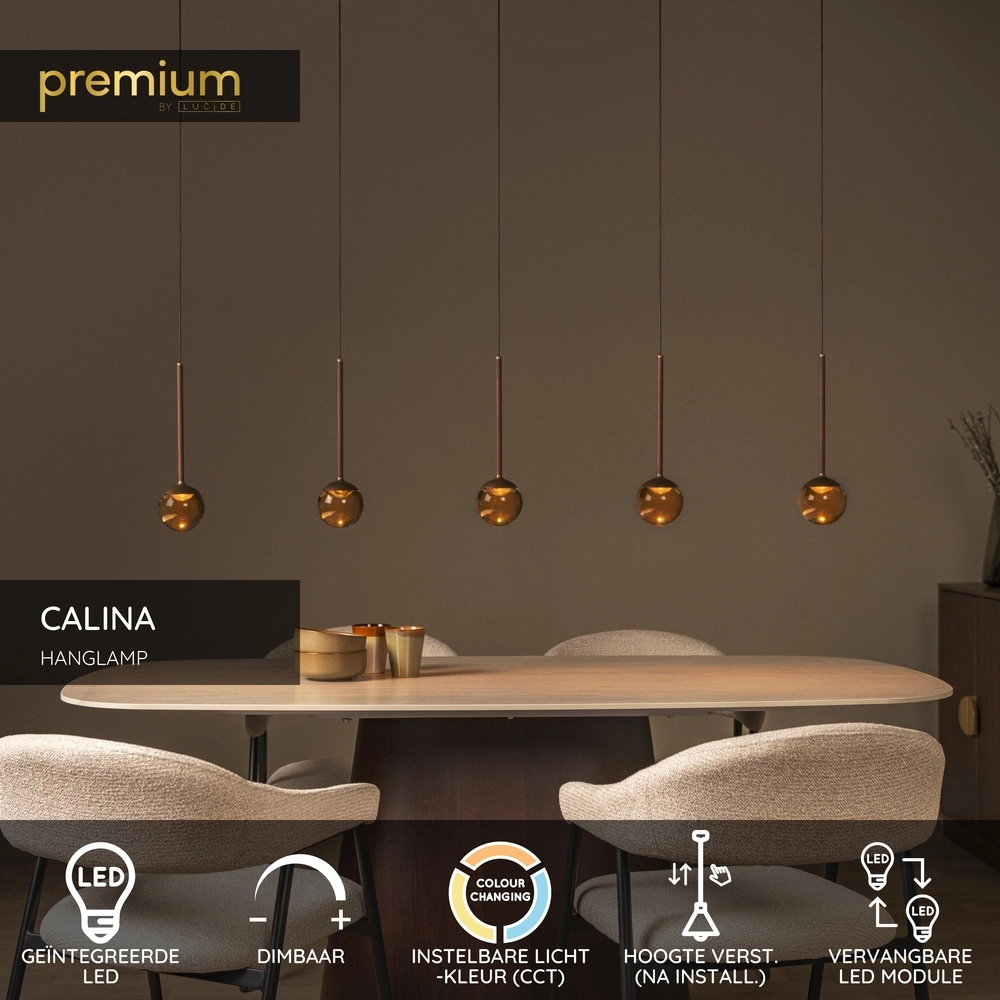 5-Licht Pendellampe Calina mit bernsteinfarbenen Kugeln Premium by Lucide 5411212242143