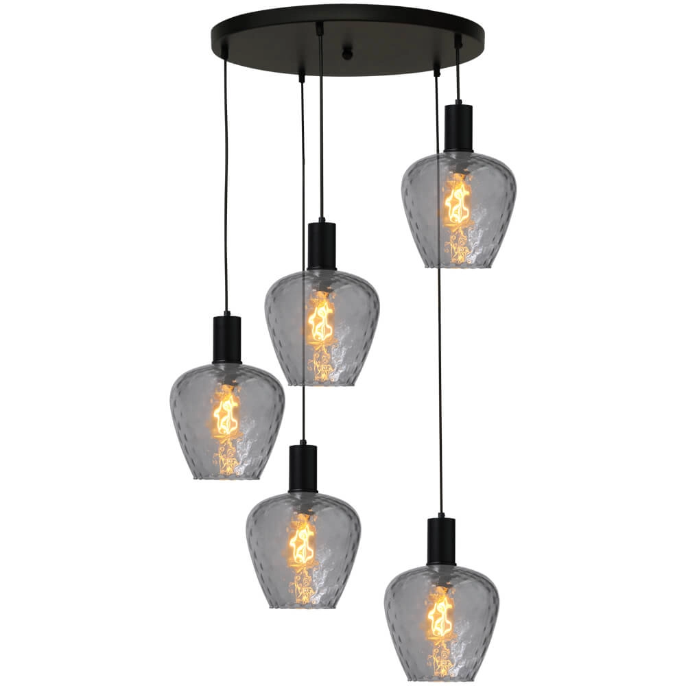5-flammige Loft-Hängelampe - Schwarz - Porto mit Diamond-Rauchgläsern