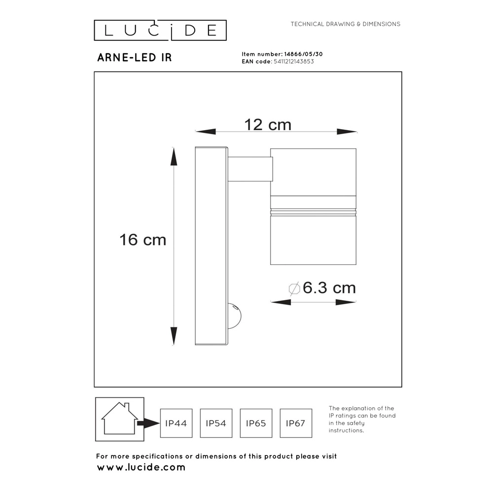 Wandscheinwerfer Arne-Led Ir Down Black mit Sensor Lucide 5411212143853