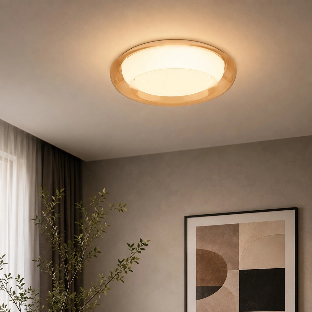 Design der Deckenbeleuchtung Jude weiß mit bernsteinfarbenem Glas Ø 40 cm Searchlight 5,05342E+12