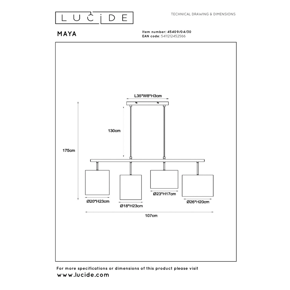 4-Licht Pendellampe Maya Schwarz Lucide 5411212452566