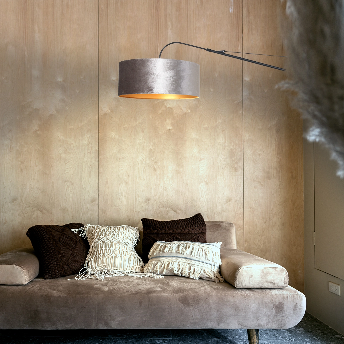 Wandlampe Elegant Classy 50 cm schwarz mit taupefarbenem Samtschirm Steinhauer 8712746146042