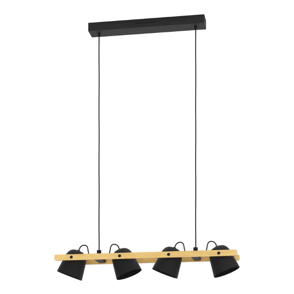 Hängelampe mit 4 Leuchten Hornwood-Z schwarz mit Holz