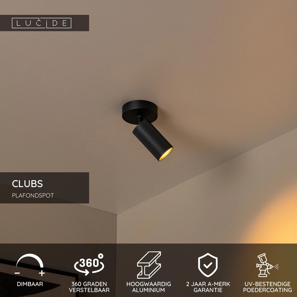 Oberflächenmontierter Deckenspot Clubs Schwarz Lucide 5411212093486