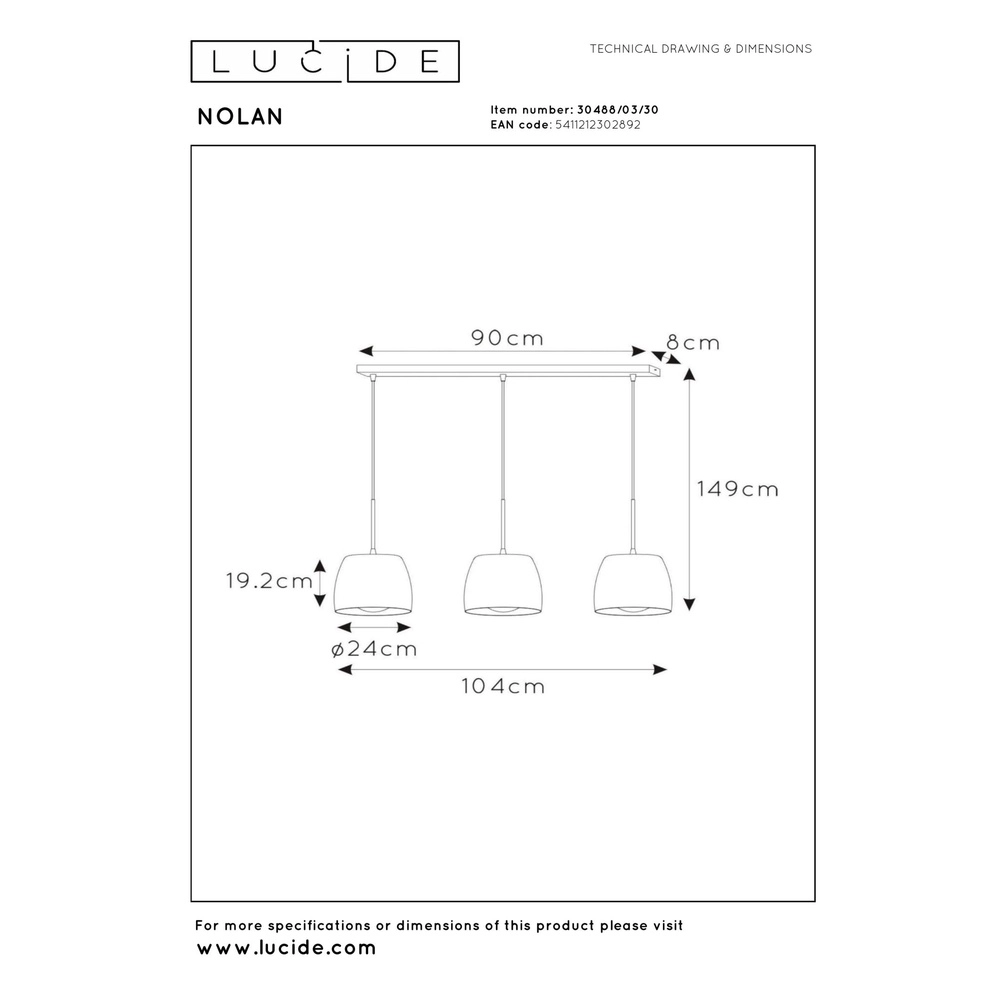 3-Licht Pendellampe Nolan Schwarz Lucide 5411212302892