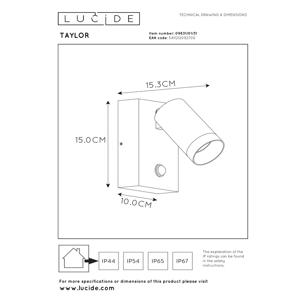 Wandscheinwerfer Taylor IP54 mit weißem Sensor Lucide 5411212092700