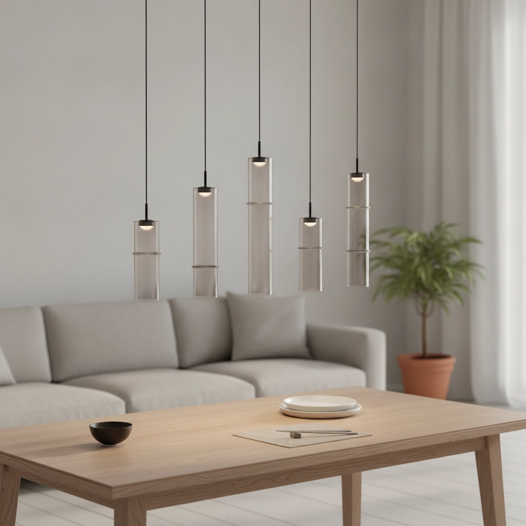 Einzigartige Pendelleuchte Sano gerades 5-flammiges Rauchglas