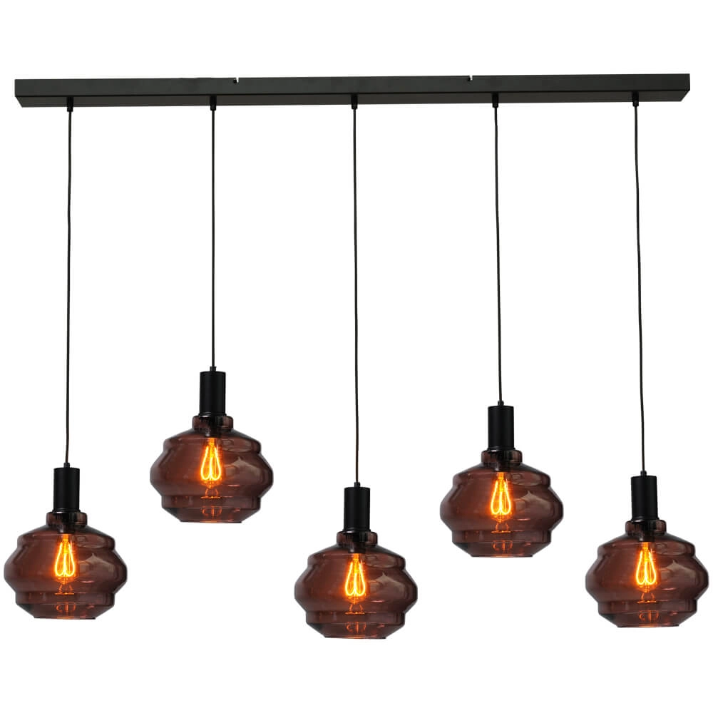 5-flammige Hängelampe - schwarz - Porto mit kugelroten Gläsern - Ø 24cm
