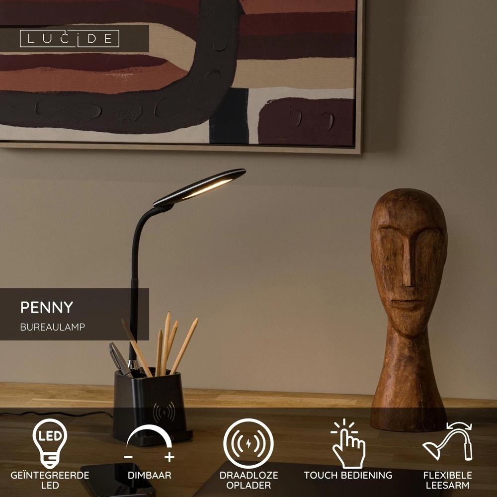 Schreibtischlampe Penny Mit drahtlosem Ladepanel schwarz Lucide 5411212185914