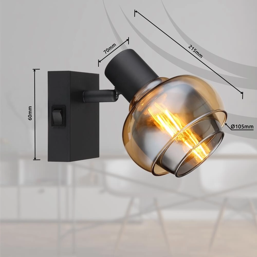 Schwarze Wandleuchte Tokki Bernsteinfarbenes Rauchglas Globo 9007371452026