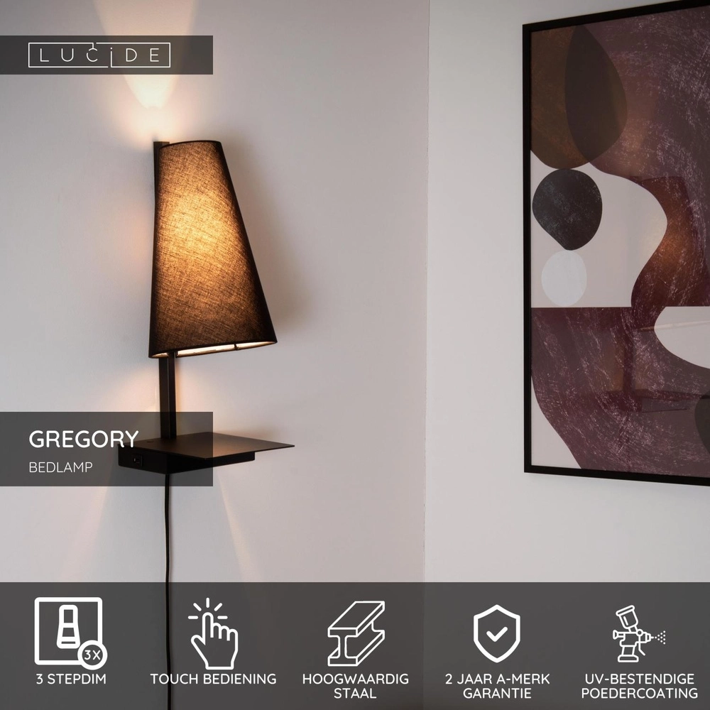 Design-Nachttischlampe Gregory Schwarz mit USB-Ladepunkt Lucide 5411212303370