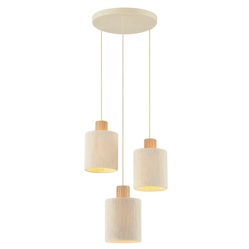 Beige Pendellampe Arlo mit Holz Japandi Ø 40cm 3-Fenster