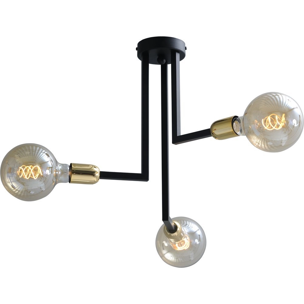 Schwarze Deckenlampe Tube 3-flammig mit goldenen Beschlägen