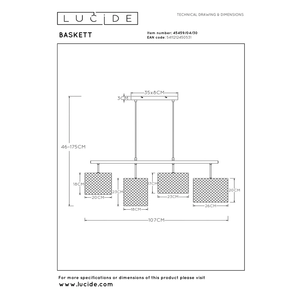 4-Licht Pendellampe Baskett Schwarz mit Holz Lucide 5411212450531
