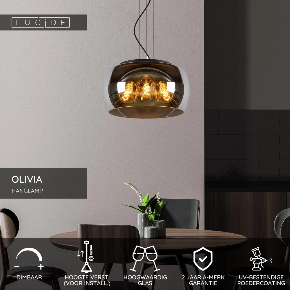 Design-Pendellampe Olivia Ø 40 cm schwarz mit Rauchglas Lucide 5411212452092