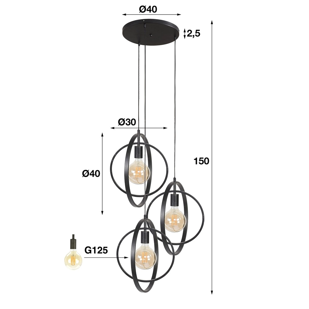 Esstisch mit 3-Licht Pendellampe Turn Ø 40 cm – Holzkohle – exz. E27 Lyora 8716803513143