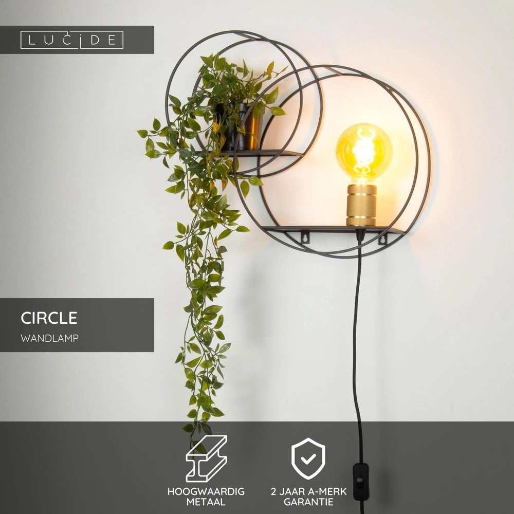 Einzigartige Wandlampe Circle Schwarz mit Regalen Lucide 5411212211408