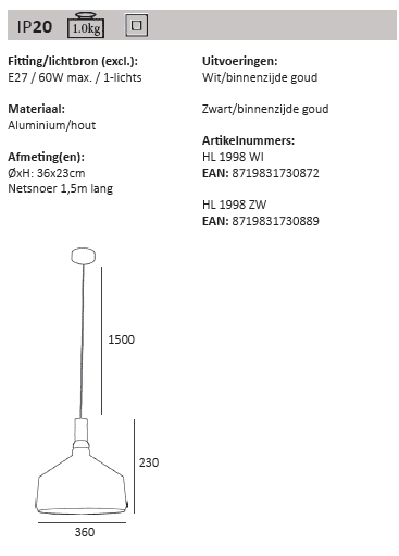 Weiß mit goldener Hängelampe Cornet Artdelight 8719831730872