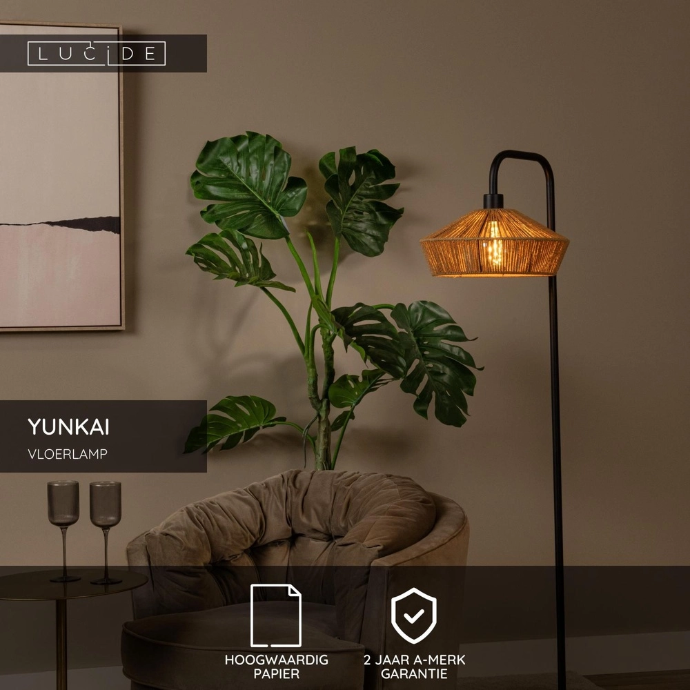 Stehlampe Yunkai Schwarz mit Rattan Lucide 5411212106209