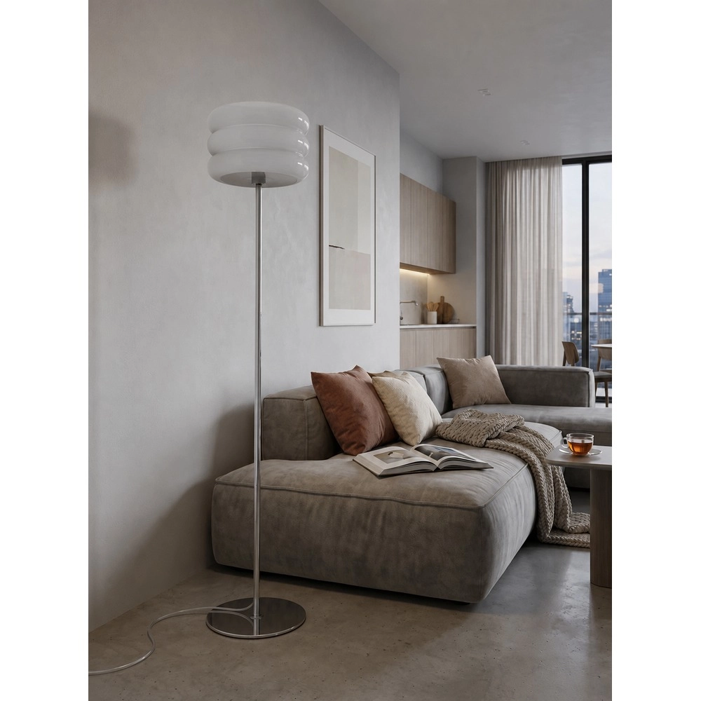 Design-Stehlampe Tortora Chrom mit weißem Ø 30cm