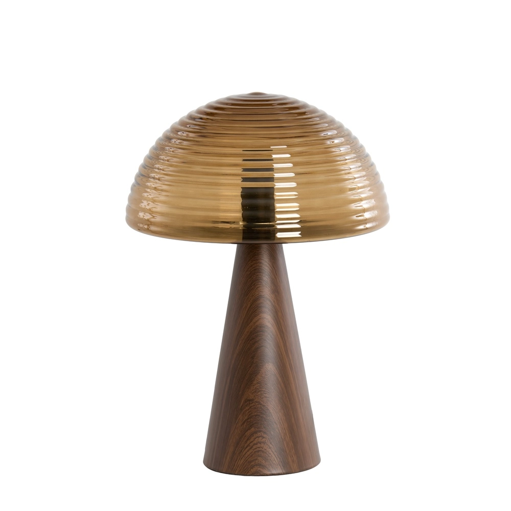 Tischlampe Mueda mit braunem Glas und dunklem Holz