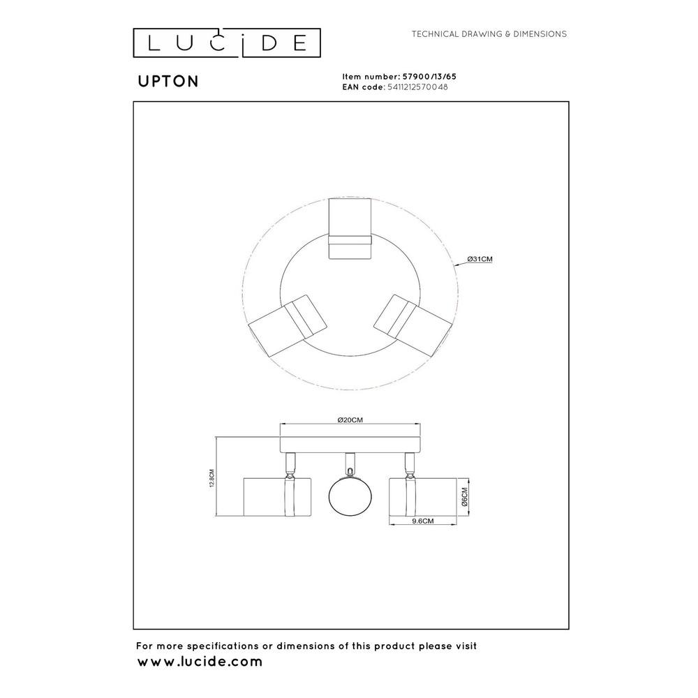 Deckenscheinwerfer Upton 3-Licht Schwarz Lucide 5411212570048