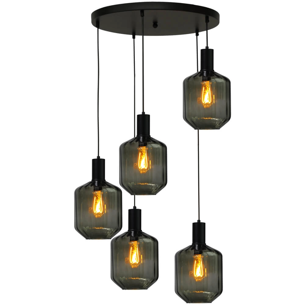 5-flammige Loft-Hängelampe - Schwarz - Porto mit grünen Jagger-Gläsern Masterlight 8718121271132