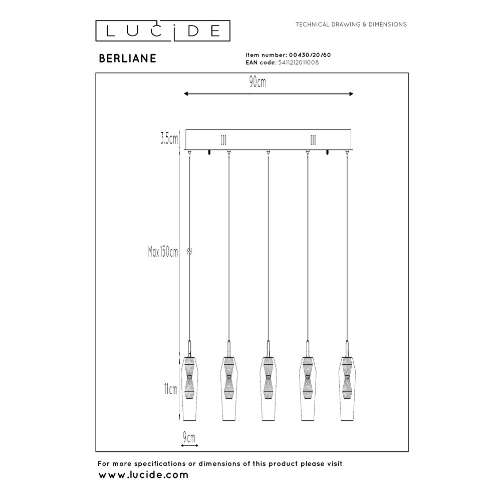 Einzigartige Pendellampe Berliane 5-Licht-Geraden Lucide 5411212011008