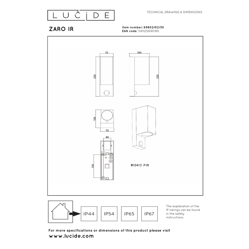 Design-Wandspot Zaro Up & Down Schwarz mit Sensor Lucide 5411212690180