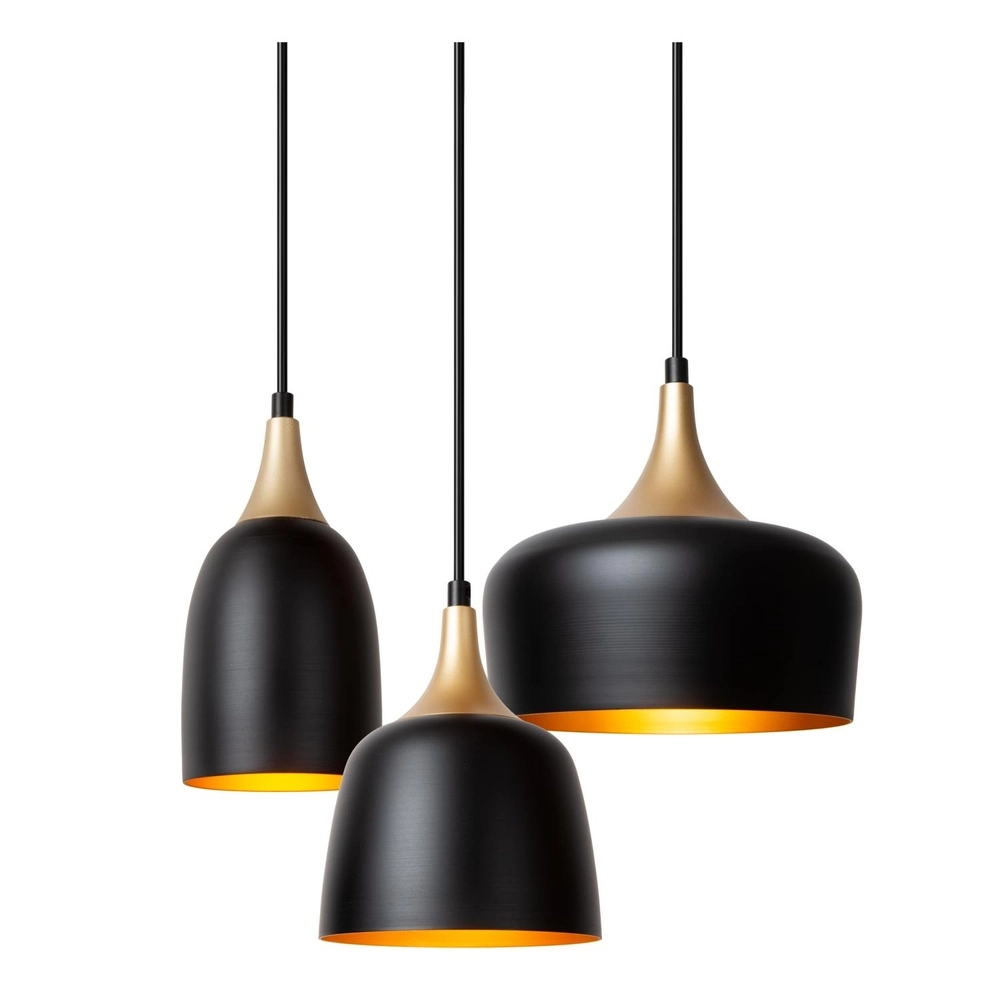 3-Licht Pendellampe Chayanne Design Schwarz mit Gold Lucide 5411212051561