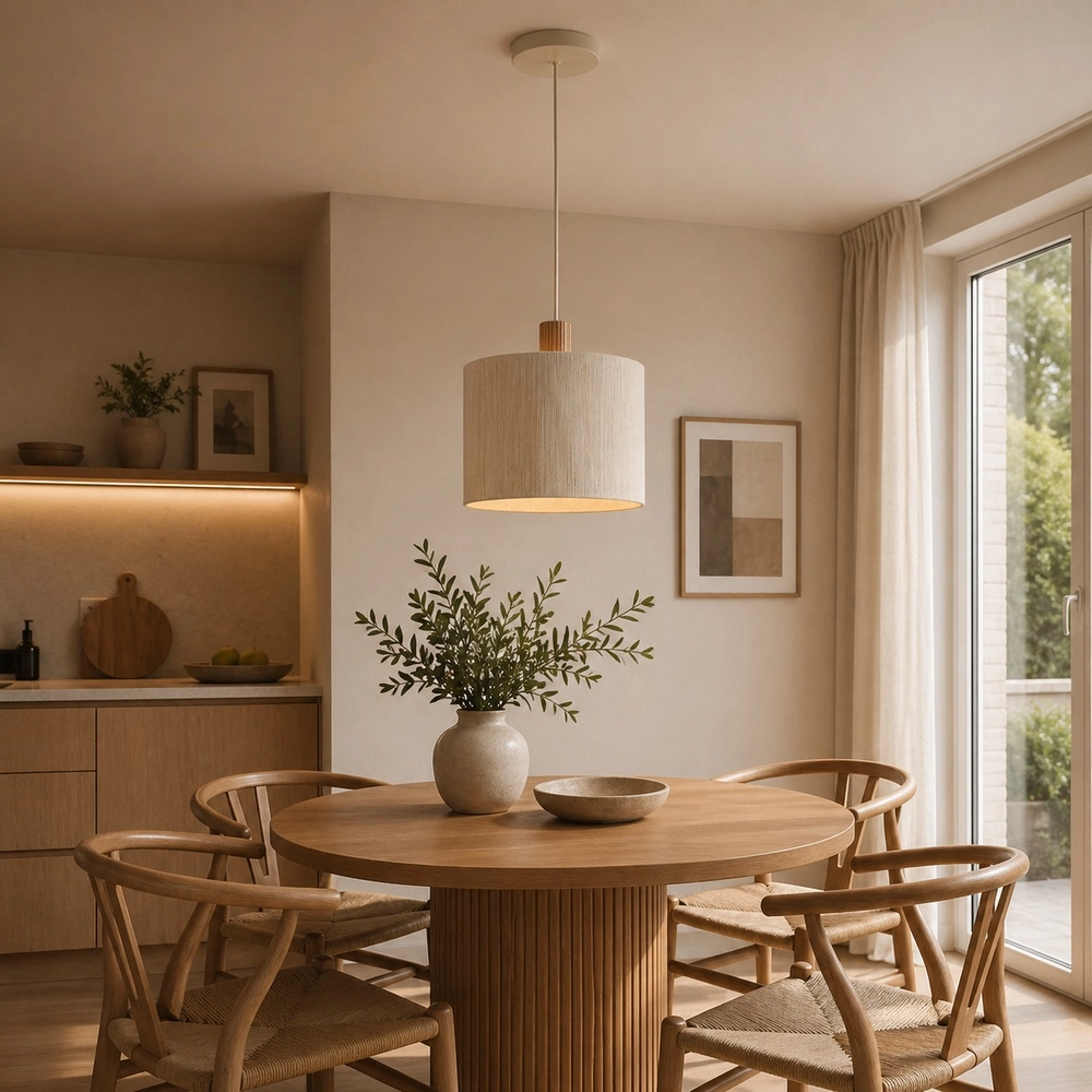 Beige Pendellampe Arlo mit Holz Japandi Ø 35 cm Brilliant 4004353477089