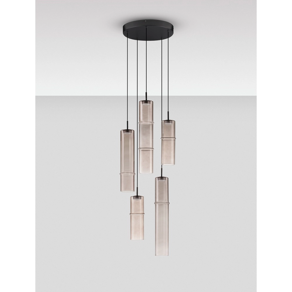 Einzigartige Pendelleuchte Sano rundes 5-flammiges Rauchglas