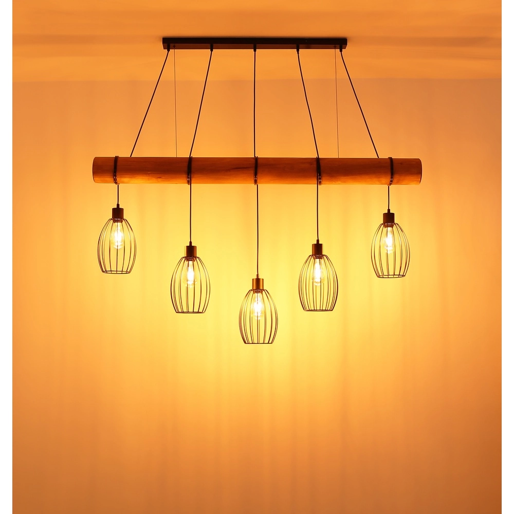 Land-Pendellampe Berti 5-Licht Holz mit Schwarz Globo 9007371586325