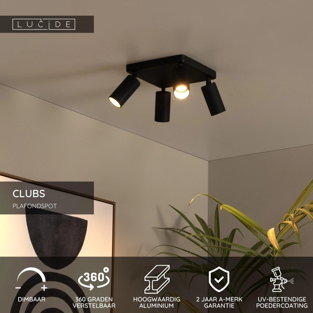 Oberflächenmontierter Deckenspot Clubs 4-Licht Schwarz Lucide 5411212093523