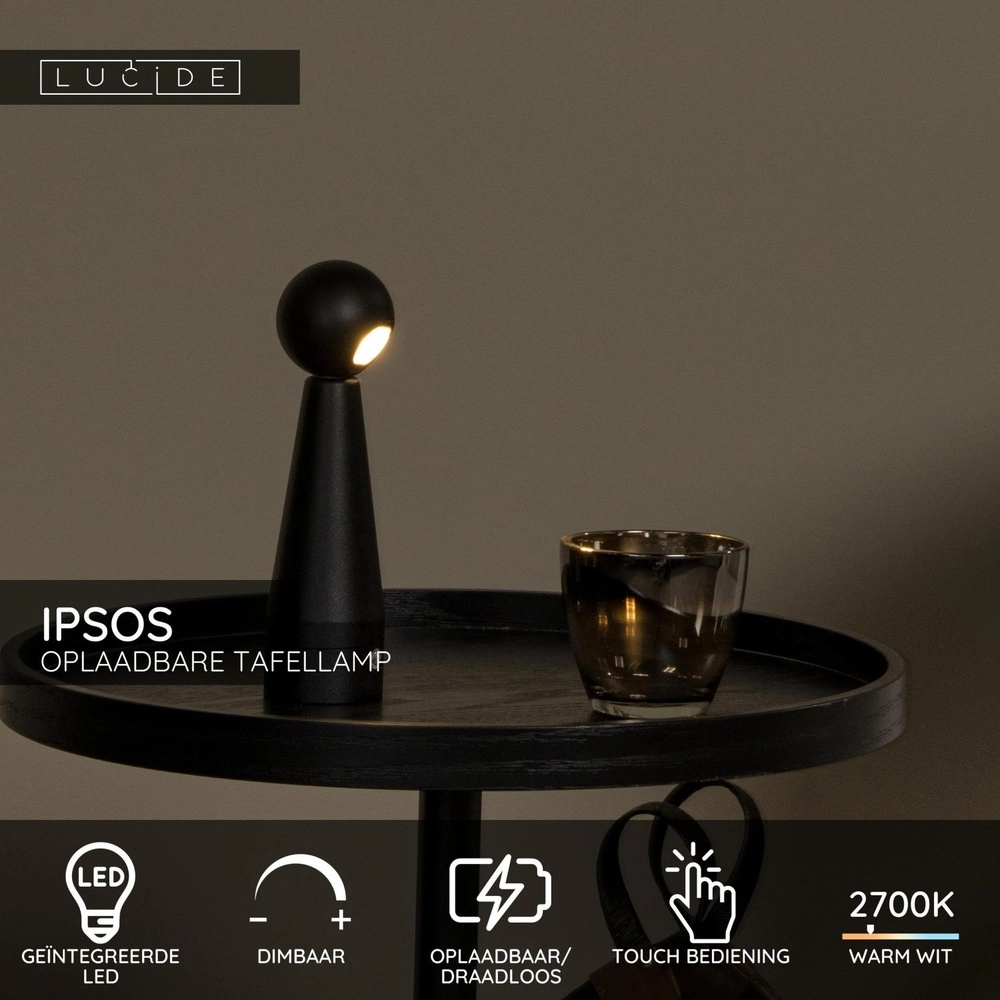 Wiederaufladbare Tischlampe Ipsos Schwarz Lucide 5411212333964