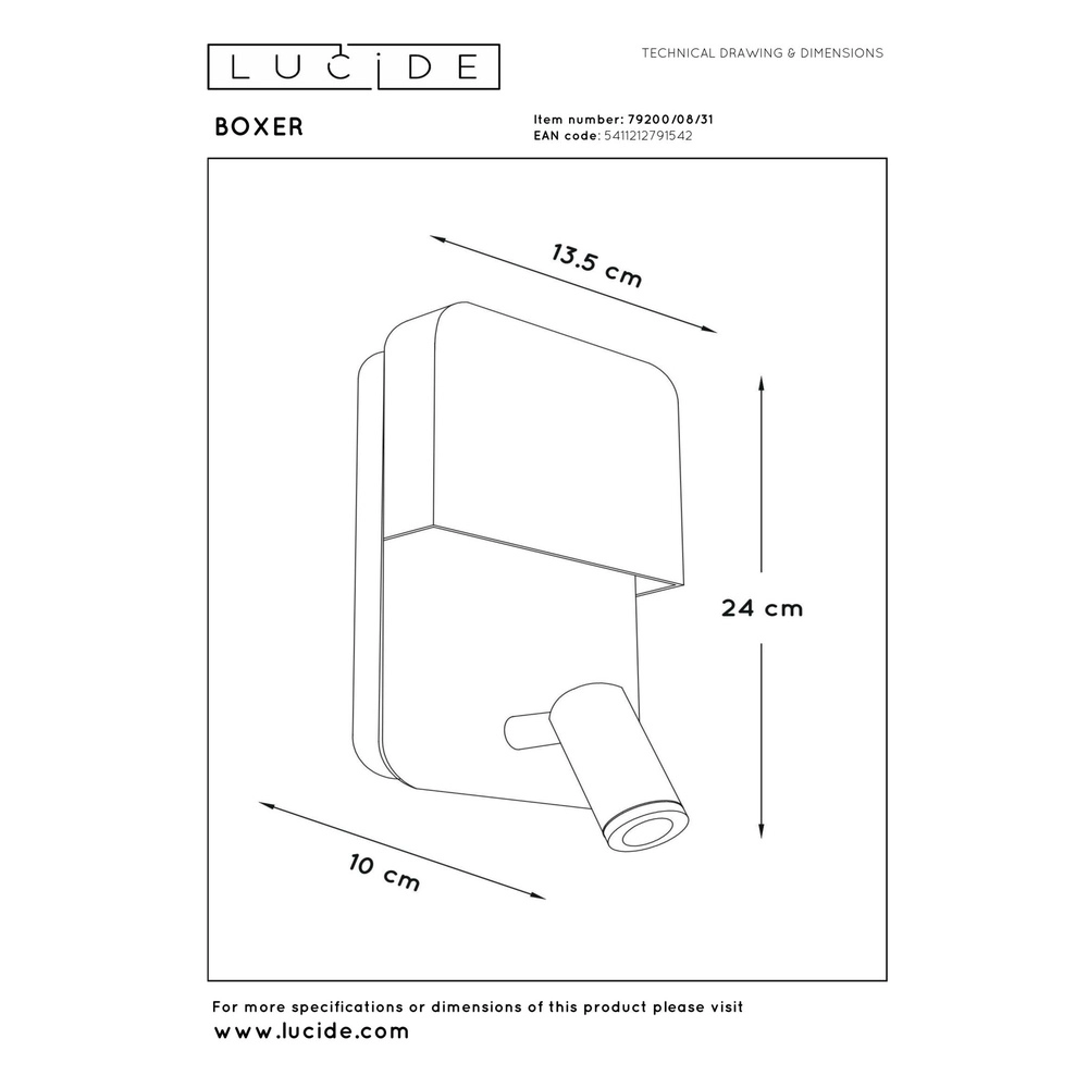Nachttischlampe Boxer Weiß mit USB-Ladepunkt Lucide 5411212791542