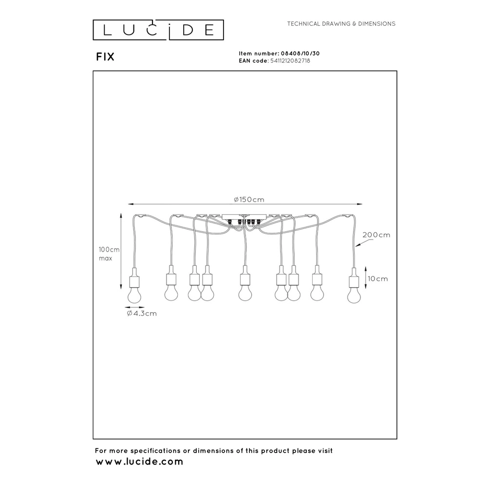 10-Licht Pendellampe schwarz Fix Geeignet für das Loft Lucide 5411212082718