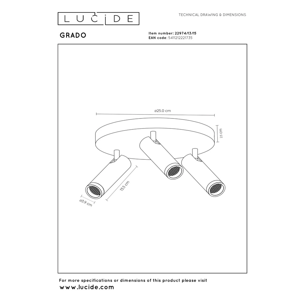 Elegante Deckenlampe Grado 3-hell metallischgrau Lucide 5411212221735